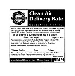 AHAM CERTIFIED RATING CERTIFIED CLEAN AIR DELIVERY RATE FROM AIR CLEANER TO AIR CLEANER, COMPARE THE CADR NUMBERS. FIRST, LOOK AT THE SUGGESTED ROOM SIZE. THEN REFER TO THE TOBACCO SMOKE, DUST AND POLLEN CLEAN AIR DELIVERY RATE (CADR) NUMBERS. THE HIGHER THE NUMBERS, THE FASTER THE UNIT FILTERS THE AIR. THIS AIR CLEANER IS SUGGESTED FOR USE IN A SINGLE CLOSED ROOM UP TO ___ SQUARE FEET. ROOM SIZE RATINGS CONFORM TO THE AHAM CERTIFICATION PROGRAM CRITERIA OF 80% SMOKE REDUCTION. HIGHER CLEAN AIR DELIVERY RATES PROVIDE IMPROVED PERFORMANCE IN ALL ROOM SIZES. PORTABLE AIR CLEANERS WILL BE MUCH MORE EFFECTIVE IN ROOMS WHERE ALL DOORS AND WINDOWS ARE CLOSED. TOBACCO SMOKE: ___ DUST:___ POLLEN:__ THESE VALUES REPRESENT PERFORMANCE THAT CAN BE EXPECTED WITHIN THE FIRST 72 HOURS OF OPERATION. SUBSEQUENT PERFORMANCE MAY VARY WITH USE. WWW.CADR.ORG