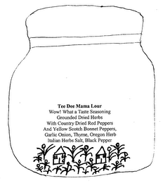 TEE DEE MAMA LOUR WOW! WHAT A TASTE SEASONING GROUNDED DRIED HERBS WITH COUNTRY DRIED RED PEPPERS AND YELLOW SCOTCH BONNET PEPPERS, GARLIC ONION, THYME, OREGON HERB ITALIAN HERBS SALT, BLACK PEPPER