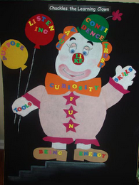 CHUCKLES THE LEARNING CLOWN, CONFIDENCE, VALUE, TRUST, LIKE, CURIOSITY, TOOLS, SKILLS, FUN, BEING, ENERGY, LISTENING, PURPOSE