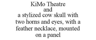 KIMO THEATRE AND A STYLIZED COW SKULL WITH TWO HORNS AND EYES, WITH A FEATHER NECKLACE, MOUNTED ON A PANEL