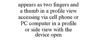 APPEARS AS TWO FINGERS AND A THUMB IN A PROFILE VIEW ACCESSING VIA CELL PHONE OR PC COMPUTER IN A PROFILE OR SIDE VIEW WITH THE DEVICE OPEN