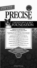 NUTRITIONAL HEALTH FOR LIFE PRECISE CANINE CHICKEN MEAL & RICE FOUNDATION FORMULA · WHOLESOME NUTRITION · BALANCED BY PROFESIONALS