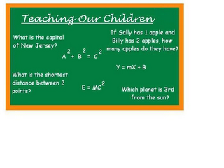 TEACHING OUR CHILDREN WHAT IS THE CAPITAL OF NEW JERSEY? A2 + B2 = C2 WHAT IS THE SHORTEST DISTANCE BETWEEN 2 POINTS? E = MC2 IF SALLY HAS A 1 APPLE AND BILLY HAS 2 APPLES, HOW  MANY APPLIES DO THEY HAVE? Y = MX + B WHICH PLANET IS 3RD FROM THE SUN?