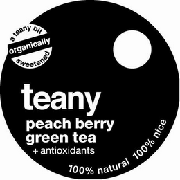 A TEANY BIT ORGANICALLY SWEETENED TEANY PEACH BERRY GREEN TEA + ANTIOXIDANTS 100% NATURAL 100% NICE