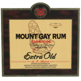 MG MOUNT GAY MAP OF THE ISLAND OF BARBADOS MOUNT GAY RUM BARBADOS PERFECTED BY TRADITION SINCE 1703 EXTRA OLD TRADE A.F. WARD MARK BLENDED AND EXPORTED BY MOUNT GAY DISTILLERIES LIMITED BRANDONS, ST. MICHAEL, BARBADOS, WEST INDIES
