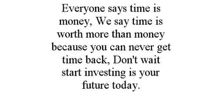 EVERYONE SAYS TIME IS MONEY, WE SAY TIME IS WORTH MORE THAN MONEY BECAUSE YOU CAN NEVER GET TIME BACK, DON'T WAIT START INVESTING IS YOUR FUTURE TODAY.