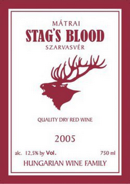 MATRAI STAG'S BLOOD SZARVASVER QUALITY DRY RED WINE, HUNGARIAN WINE FAMILY 2005 ALC 12.5% BY VOL 750ML