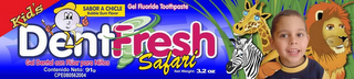 DENTFRESH KID'S SAFARI SABOR A CHICLE BUBBLE GUM FLAVOR GEL FLUORIDE TOOTHPASTE NET WEIGHT: 3.2 OZ GEL DENTAL CON FLUOR PARA NINOS CONTENIDO NETO: 91G CPE080562004