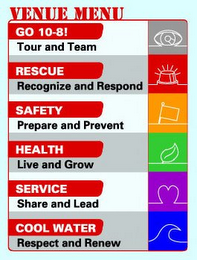 VENUE MENU, GO 10-8!, TOUR AND TEAM, RESCUE, RECOGNIZE AND RESPOND, HEALTH, LIVE AND GROW, SERVICE, SHARE AND LEAD, COOL WATER, RESPECT AND RENEW.