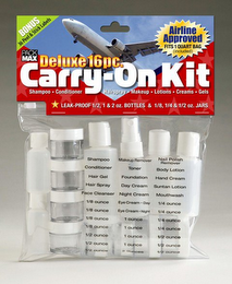 CARRY-ON KIT BONUS 36 PEEL & STICK LABELS AIRLINE APPROVED FITS 1 QUART BAG (INCLUDED) PACK MAX DELUXE 16PC. SHAMPOO · CONDITIONER · HAIRSPRAY · MAKEUP · LOTIONS · CREAMS · GELS LEAK-PROOF 1/2, 1 & 2 OZ. BOTTLES & 1/8, 1/4 & 1/2 OZ. JARS