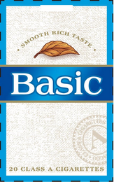 BASIC  · SMOOTH RICH TASTE ·  20 CLASS A CIGARETTES A · CLASS A CIGARETTES · ACCO