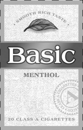 BASIC MENTHOL · SMOOTH RICH TASTE · 20 CLASS A CIGARETTES A · CLASS A CIGARETTES · ACCO