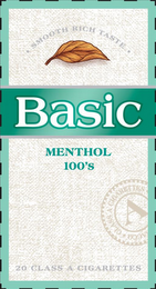 BASIC MENTHOL ULTRA LIGHTS 100'S · SMOOTH RICH TASTE · 20 CLASS A CIGARETTES CLASS A CIGARETTES A ACCO