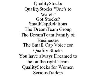 QUALITYSTOCKS QUALITYSTOCKS "ONE'S TO WATCH" GOT STOCKS? SMALLCAPRELATIONS THE DREAMTEAM GROUP THE DREAMTEAM FAMILY OF BUSINESSES THE SMALL CAP VOICE FOR QUALITY STOCKS YOU HAVE ALWAYS DREAMED TO BE ON THE RIGHT TEAM QUALITYSTOCKS FOR WOMEN SERIOUSTRADERS