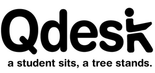 QDESK A STUDENT SITS, A TREE STANDS.