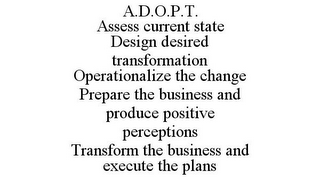 A.D.O.P.T. ASSESS CURRENT STATE DESIGN DESIRED TRANSFORMATION OPERATIONALIZE THE CHANGE PREPARE THE BUSINESS AND PRODUCE POSITIVE PERCEPTIONS TRANSFORM THE BUSINESS AND EXECUTE THE PLANS