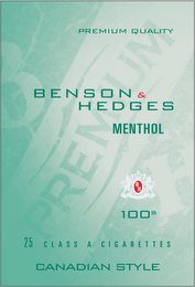 BENSON & HEDGES MENTHOL 100S PREMIUM QUALITY BH PREMIUM BH 25 CLASS A CIGARETTES CANADIAN STYLE