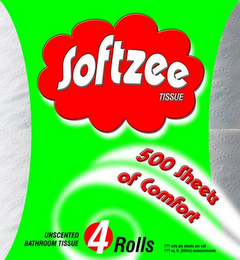 SOFTZEE TISSUE 500 SHEETS OF COMFORT UNSCENTED BATHROOM TISSUE 4 ROLLS ??? ONLY PLY SHEETS PER ROLL ??? SQ. FT (000M) MEASUREMENTS