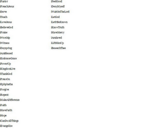 IPASTOR, IPREACHJESUS, ISERVE, ITEACH, ILOVEJESUS, IBELIEVEGOD, IPRAISE, IWORSHIP, IWITNESS, IDAYSPRING, IAMBLESSED, IEMBRACEGRACE, IPOWERUP, IKINGDOMLIVE, ITHANKGOD, IHOPE, IFORGIVE, IEPHPHATHA, IREPENT, IFAITH, IHAVEFAITH, IMAKEADIFFERENCE, ICANDOALLTHINGS, IEVANGELIZE, IFEELGOOD, IDENYMYSELF, IWAITONTHELORD, ILETGOD, ILETITBEKNOWN, IKNOWTRUTH, IHAVEMERCY, IAMSAVED, ILIFTHIMUP, IREASON, IBESEECHTHEE