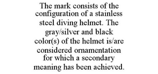 THE MARK CONSISTS OF THE CONFIGURATION OF A STAINLESS STEEL DIVING HELMET. THE GRAY/SILVER AND BLACK COLOR(S) OF THE HELMET IS/ARE CONSIDERED ORNAMENTATION FOR WHICH A SECONDARY MEANING HAS BEEN ACHIEVED.