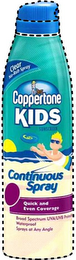 COPPERTONE KIDS SUNSCREEN CLEAR NO-RUB SPRAY CONTINUOUS SPRAY QUICK AND EVEN COVERAGE BROAD SPECTRUM UVA/UVB PROTECTION WATERPROOF SPRAYS AT ANY ANGLE