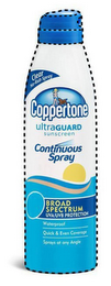 COPPERTONE ULTRAGUARD SUNSCREEN CLEAR NO-RUB SPRAY CONTINUOUS SPRAY BROAD SPECTRUM UVA/UVB PROTECTION WATERPROOF QUICK & EVEN COVERAGE SPRAYS AT ANY ANGLE