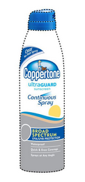 COPPERTONE ULTRAGUARD SUNSCREEN CONTINUOUS SPRAY CLEAR NO-RUB SPRAY BROAD SPECTRUM UVA/UVB PROTECTION WATERPROOF QUICK & EVEN COVERAGE SPRAYS AT ANY ANGLE