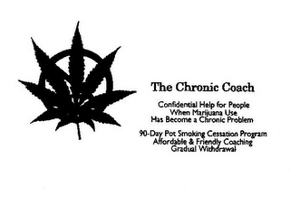 THE CHRONIC COACH CONFIDENTIAL HELP FOR PEOPLE WHEN MARIJUANA USE HAS BECOME A CHRONIC PROBLEM 90-DAY POT SMOKING CESSATION PROGRAM AFFORDABLE & FRIENDLY COACHING GRADUAL WITHDRAWAL