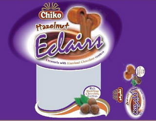 CHIKO HAZELNUT ECLAIRS CARAMELS WITH HAZELNUT CHOCOLATE CENTRES RICH HAZELNUT CHOCOLATE CENTRES