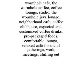 WORMHOLE CAFE, THE WORMHOLE COFFEE, COFFEE LOUNGE, STUDIO, THE WORMHOLE JAVA LOUNGE, NEIGHBORHOOD CAFE, COFFEE CLUBHOUSE, EXPECTED AND CUSTOMIZED COFFEE DRINKS, PRE-PACKAGED FOODS, COMFORTABLE LOUNGE, RELAXED CAFE FOR SOCIAL GATHERINGS, WORK, MEETINGS, CHILLING OUT