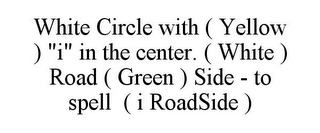 WHITE CIRCLE WITH ( YELLOW ) "I" IN THE CENTER. ( WHITE ) ROAD ( GREEN ) SIDE - TO SPELL ( I ROADSIDE )