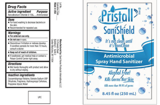 PRISTALL SANISHIELD IT'S NOT CLEAN UNTIL IT'S SANICLEAN ANTIMICROBIAOL SPRAY HAND SANITIZER ALCOHOL FREE KILLS GERMS NOT SKIN KILLS MORE THAN 99.9% OF GERMS