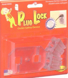 PLUG LOCK OUTLET SAFETY DEVICE MADE IN USA MODEL 00000 FOR ANYONE THAT HAS A CORD THAT SHOULDN'T COME UNPLUGGED.