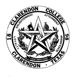 CLARENDON COLLEGE 1898 CLARENDON TEXAS LOYALTY ENLIGHTENMENT ATTAINMENT SCHOLARSHIP LABOR OMNIA VINCET