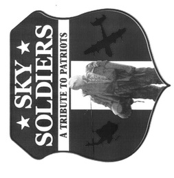 A CREST WITH THE WORDS "SKY SOLDIERS A TRIBUTE TO PATRIOTS" ON THE TOP PORTION WITH IMAGES OF A HELICOPTER, SOLDIER STATUE, AND FIXED-WING AIRCRAFT ON THE LOWER PORTION.