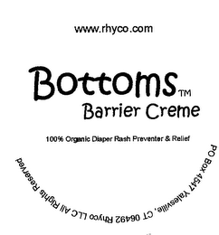 RHYCO LLC 2002 BOTTOMS BARRIER CREME 100% ORGANIC DIAPER RASH PREVENTER & RELIEF WWW.RHYCO.COM