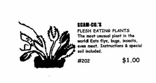 SCAM-CO.'S FLESH EATING PLANTS THE MOST UNUSUAL PLANT IN THE WORLD EATS FLYS, BUGS, INSECTS, EVEN MEAT.  INSTRUCTIONS & SPECIAL SOIL INCLUDED #202 $1.00