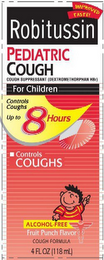 ROBITUSSIN PEDIATRIC IMPROVED TASTE! COUGH COUGH SUPPRESSANT (DEXTROMETHORPHAN HBR) FOR CHILDREN CONTROLS COUGHS UP TO 8 HOURS CONTROLS COUGHS ALCOHOL FREE FRUIT PUNCH FLAVOR COUGH FORMULA 4 FL OZ (118 ML)