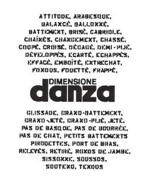 DIMENSIONE DANZA ATTITUDE, ARABESQUE, BALANCÉ, BALLONNÉ, BATTEMENT, BRISÉ, CABRIOLE, CHAÎNÉS, CHANCEMENT, CHASSÉ, COUPÉ, CROISÉ, DÉGAGÉ, DEMI-PLIÉ, DÉVELOPPÉS, ECARTÉ, ECHAPPÉS, EFFACÉ, EMBOÎTÉ, ENTRECHAT, FONDUS, FOUETTÉ, FRAPPÉ, GLISSADE, GRAND- BATTEMENT, GRAND-JETÉ, GRAND-PLIÉ, JETÉ, PAS DE BASQUE, PAS DE BOURRÉE, PAS DE CHAT, PETITS BATTEMENTS, PIROUETTES, PORT DE BRAS, RELEVÉS, RETIRÉ, RONDS DE JAMBE, SISSONNE, SOUSSUS, SOUTENU, TENDUS