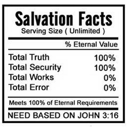 SALVATION FACTS SERVING SIZE (UNLIMITED) % ETERNAL VALUE TOTAL TRUTH 100% TOTAL SECURITY 100% TOTAL WORKS 0% TOTAL ERROR 0% MEETS 100% OF ETERNAL REQUIREMENTS NEED BASED ON JOHN 3:16