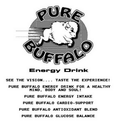 PURE BUFFALO ENERGY DRINK - SEE THE VISION.... TASTE THE EXPERIENCE! - PURE BUFFALO ENERGY DRINK FOR A HEALTHY MIND, BODY AND SOUL! - PURE BUFFALO ENERGY INTAKE - PURE BUFFALO CARDIO-SUPPORT - PURE BUFFALO ANTIOXIDANT BLEND - PURE BUFFALO GLUCOSE BALANCE