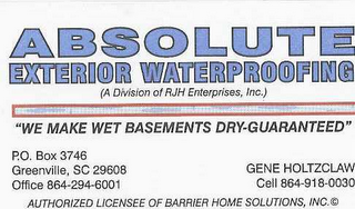 ABSOLUTE EXTERIOR WATERPROOFING (A DIVISION OF RJH ENTERPRISES, INC.) "WE MAKE WET BASEMENTS DRY-GUARANTEED"