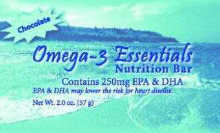 CHOCOLATE OMEGA-3 ESSENTIALS NUTRITION BAR CONTAIN 250MG EPA & DHA EPA & DHA MAY LOWER THE RISK FOR HEART DISEASE.  NET WT.  2.0 OZ.  (57 G)