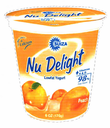 SUIZA NU DELIGHT LOW FAT YOGURT + VITAMIN A & D 98% FAT FREE PEACH EXCELLENT SOURCE OF CALCIUM 6 OZ (170 G)