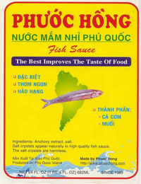 PHUOC HONG NUOC MAM NHI PHU QUOC FISH SAUCE THE BEST IMPROVES THE TASTE OF FOOD DAC BIET THOM NGON HAO HANG THANH PHAN: CA COM MUOI INGREDIENTS: ANCHOVY EXTRACT, SALT. SALT CRYSTALS APPEAR NATURALLY IN HIGH QUALITY FISH SAUCE. THE SALT CRYSTALS ARE HARMLESS. SAN XUAT TAI DAO PHU QUOC PRODUCED ON PHU QUOC ISLAND MADE BY PHUOC HONG HTTP://WWW.PHUOCHONG.COM NET 24 FL. OZ (1 PT. 4 FL. OZ) 682 ML SINCE 1969