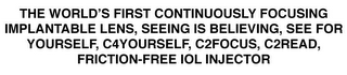 THE WORLD'S FIRST CONTINUOUSLY FOCUSING IMPLANTABLE LENS, SEEING IS BELIEVING, SEE FOR YOURSELF, C4YOURSELF, C2FOCUS, C2READ, FRICTION-FREE IOL INJECTOR