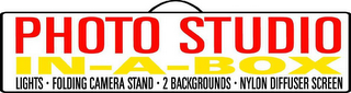 PHOTO STUDIO IN-A-BOX  LIGHTS · FOLDING CAMERA STAND · 2 BACKGROUNDS · NYLON DIFFUSER SCREEN