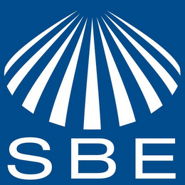 BLUE SQUARE WITH WHITE LETTERING (SBE) WITH NINE WHITE TRIANGLES RADIATING ABOVE