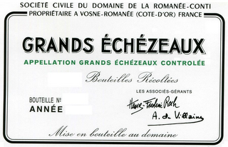 SOCIETE CIVILE DU DOMAINE DE LA ROMANEE-CONTI PROPRIETAIRE A VOSNE-ROMANEE (COTE-D'OR) FRANCE GRANDS ECHEZEAUX APPELLATION GRANDS ECHEZEAUX CONTROLEE BOUTEILLES RECOLTEES BOUTEILLE NO ANNEE LES ASSOCIES-GERANTS HENRI-FREDERIC ROCH A. DE VILLAINE MISE EN BOUTEILLE AU DOMAINE