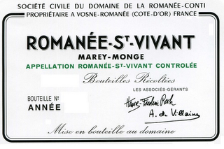 SOCIETE CIVILE DU DOMAINE DE LA ROMANEE-CONTI PROPRIETAIRE A VOSNE-ROMANEE (COTE-D'OR) FRANCE ROMANEE-ST-VIVANT MAREY-MONGE APPELLATION ROMANEE-ST-VIVANT CONTROLEE BOUTEILLES RECOLTEES BOUTEILLE NO ANNEE LES ASSOCIES-GERANTS HENRI-FREDERIC ROCH A. DE VILLAINE MISE EN BOUTEILLE AU DOMAINE